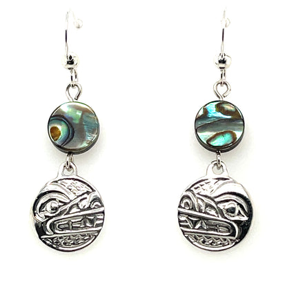 Earrings - Sterling Silver - Cast - Drop - Small - Round - Wolf - Abalone