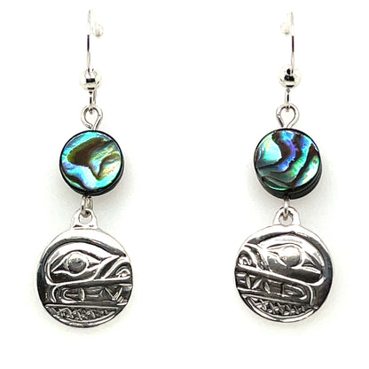 Earrings - Sterling Silver - Cast - Drop - Small - Round - Bear - Abalone