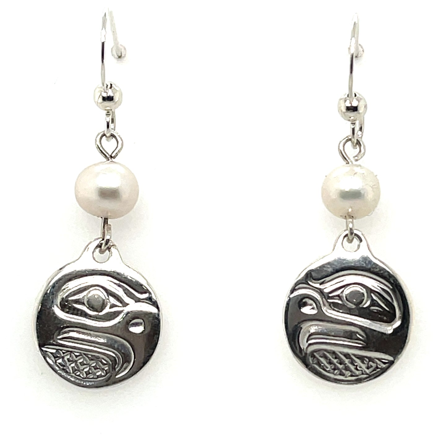 Earrings - Sterling Silver - Cast - Drop - Small - Round - Eagle - Pearl