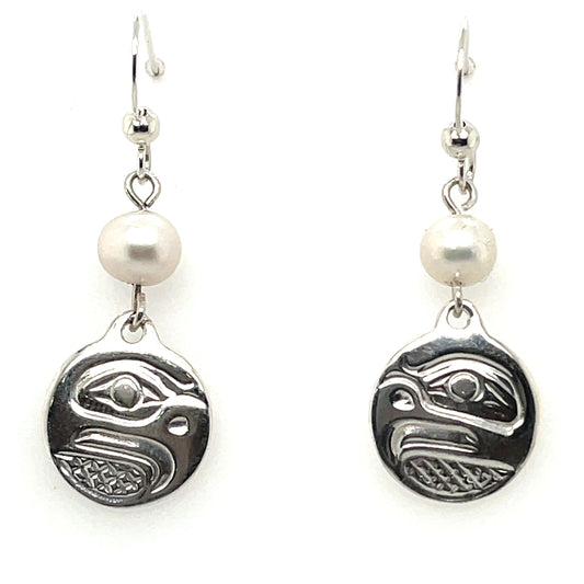 Earrings - Sterling Silver - Cast - Drop - Small - Round - Eagle - Pearl