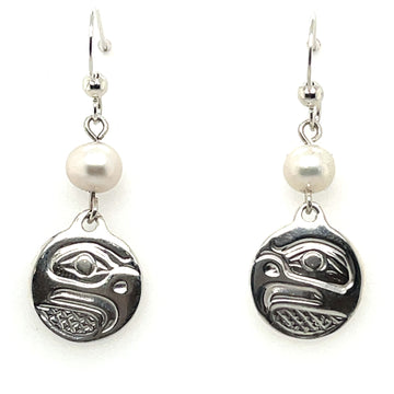 Earrings - Sterling Silver - Drop - Small - Round - Eagle - Pearl