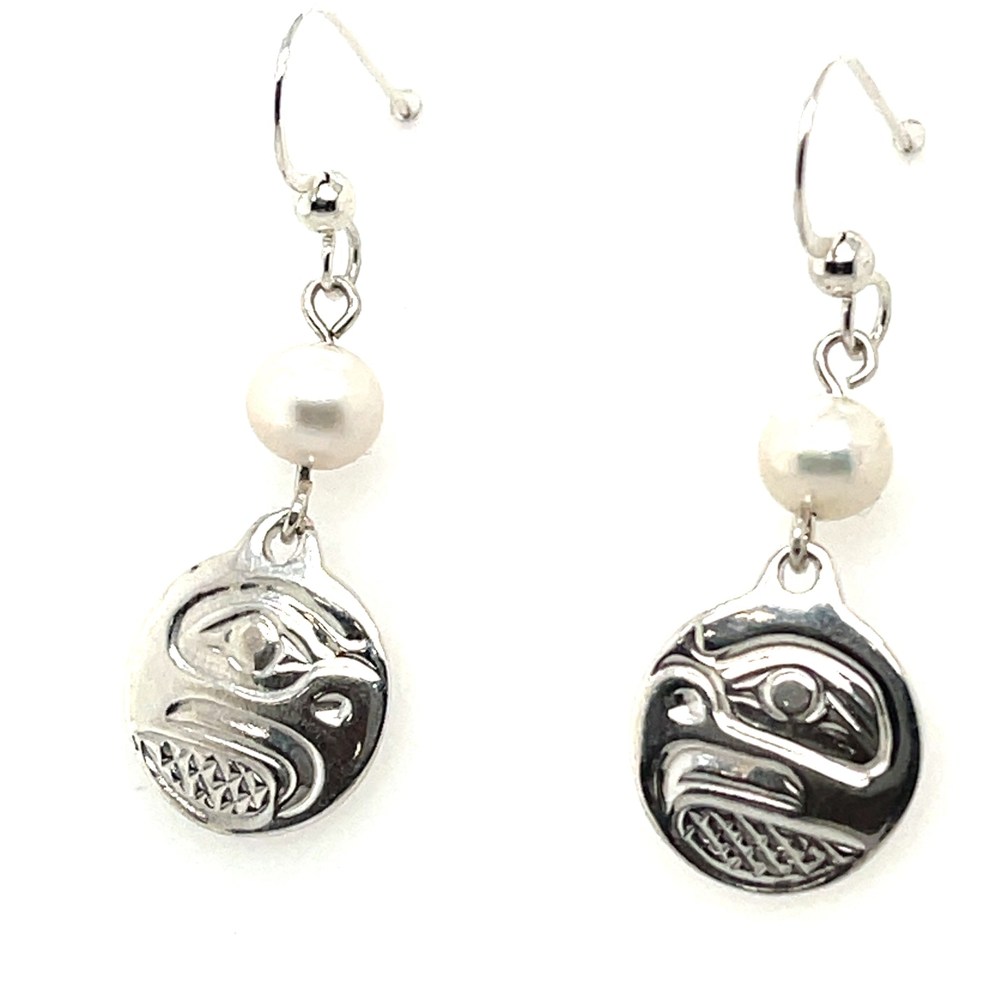 Earrings - Sterling Silver - Cast - Drop - Small - Round - Eagle - Pearl