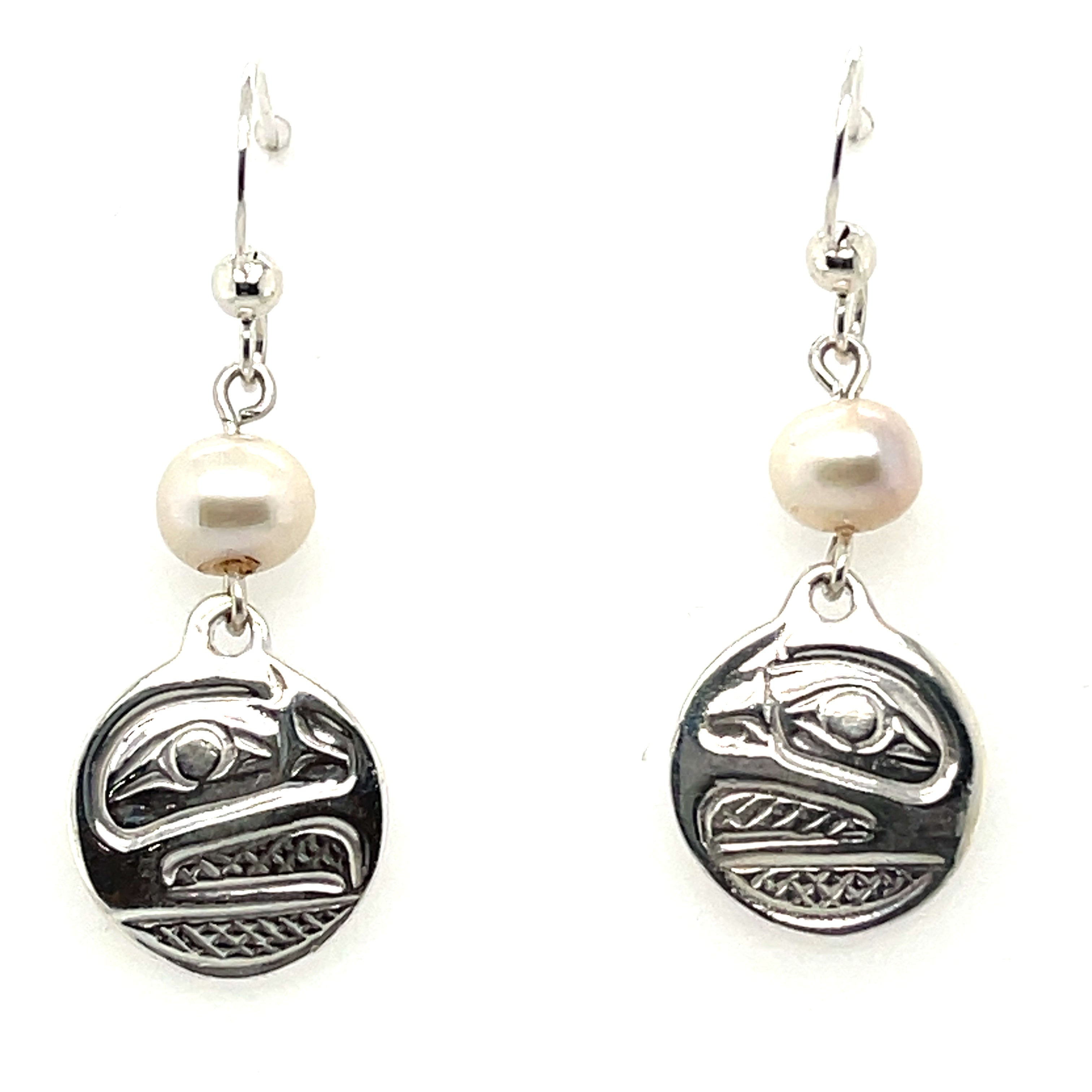 Earrings - Sterling Silver - Drop - Small - Round - Raven - Pearl