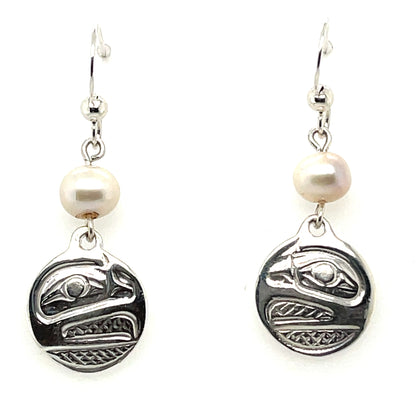 Earrings - Sterling Silver - Cast - Drop - Small - Round - Raven - Pearl