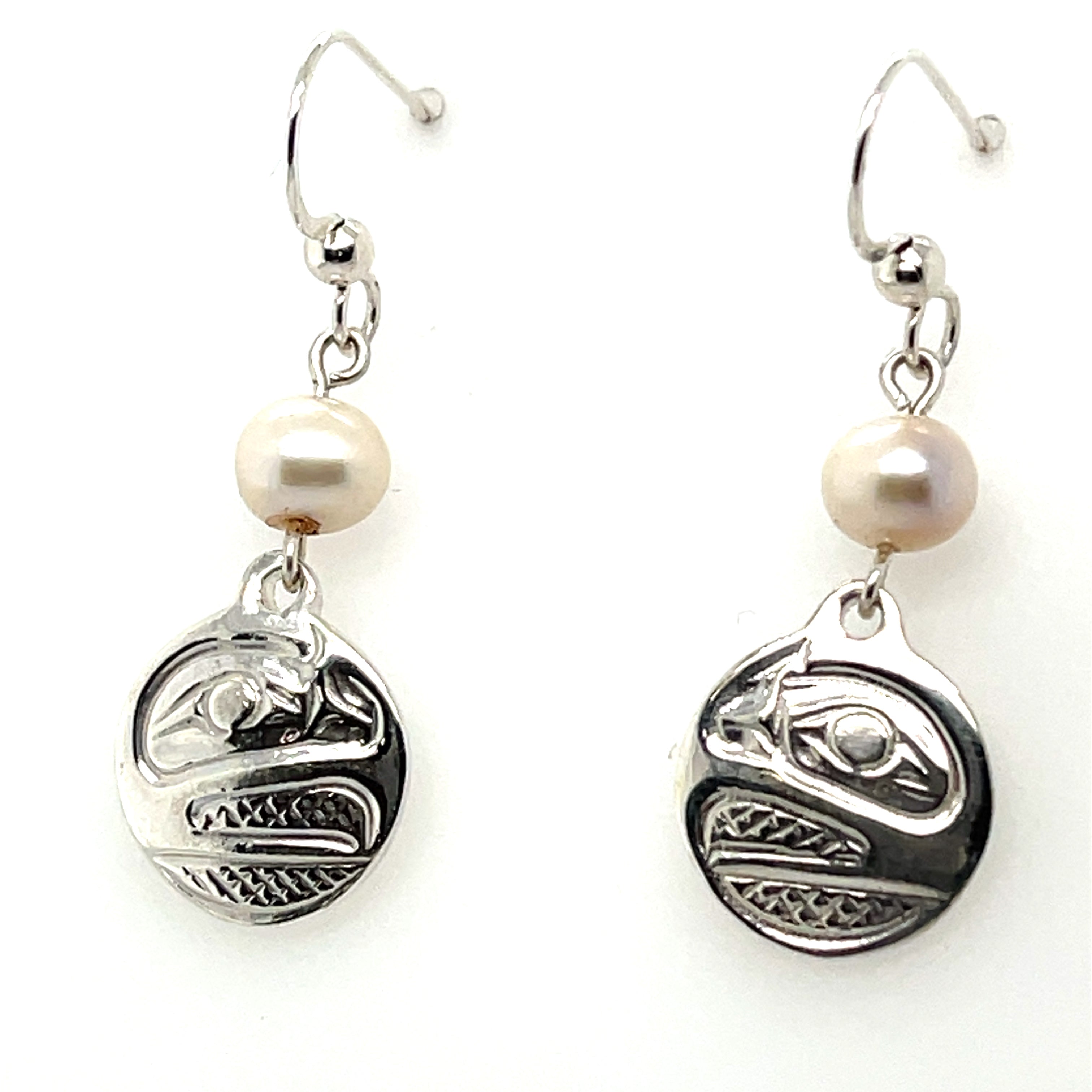 Earrings - Sterling Silver - Drop - Small - Round - Raven - Pearl