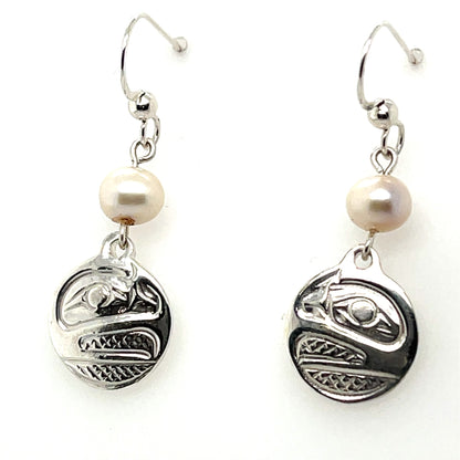 Earrings - Sterling Silver - Cast - Drop - Small - Round - Raven - Pearl