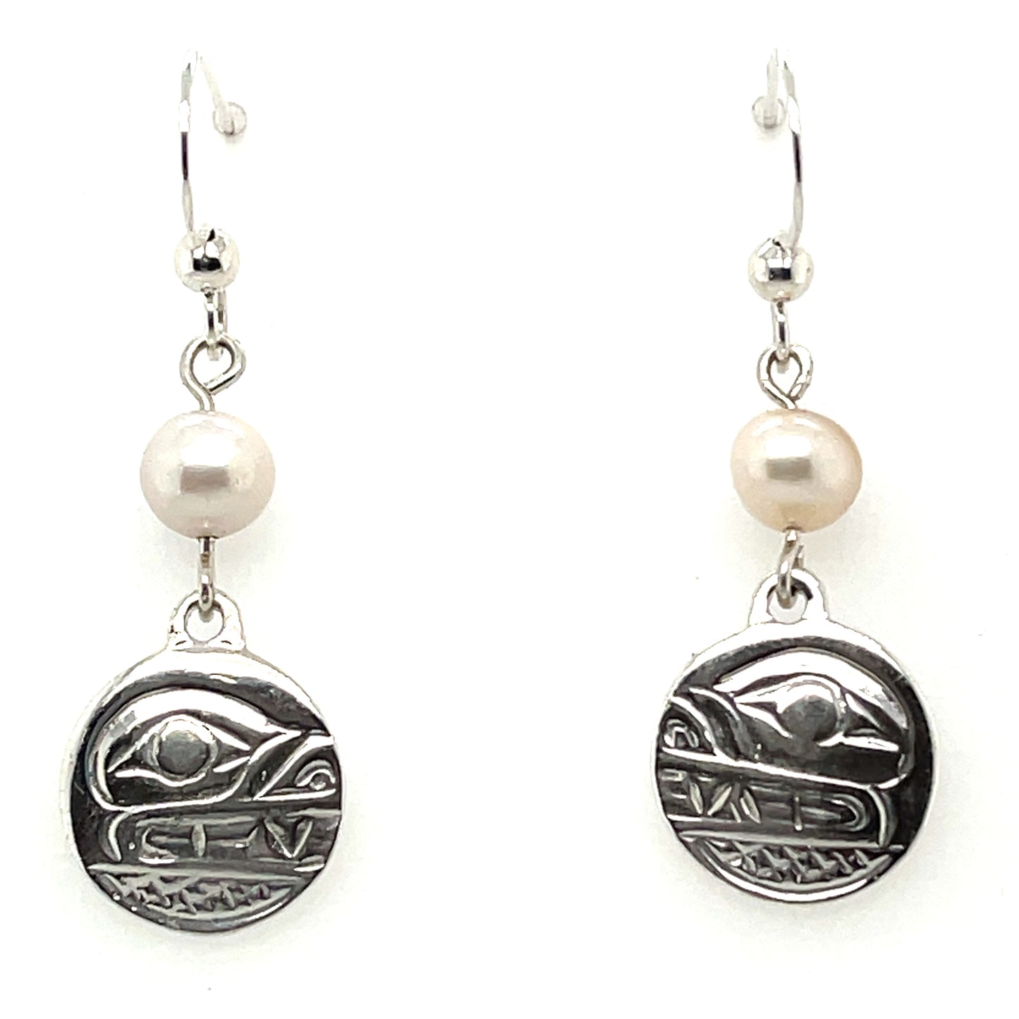 Earrings - Sterling Silver - Cast - Drop - Small - Round - Bear - Pearl