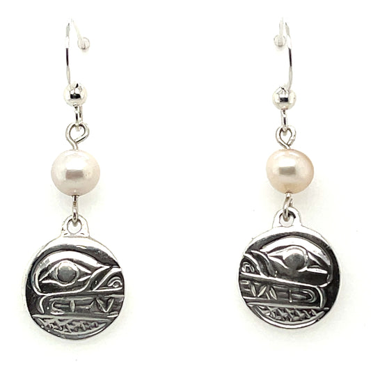 Earrings - Sterling Silver - Cast - Drop - Small - Round - Bear - Pearl