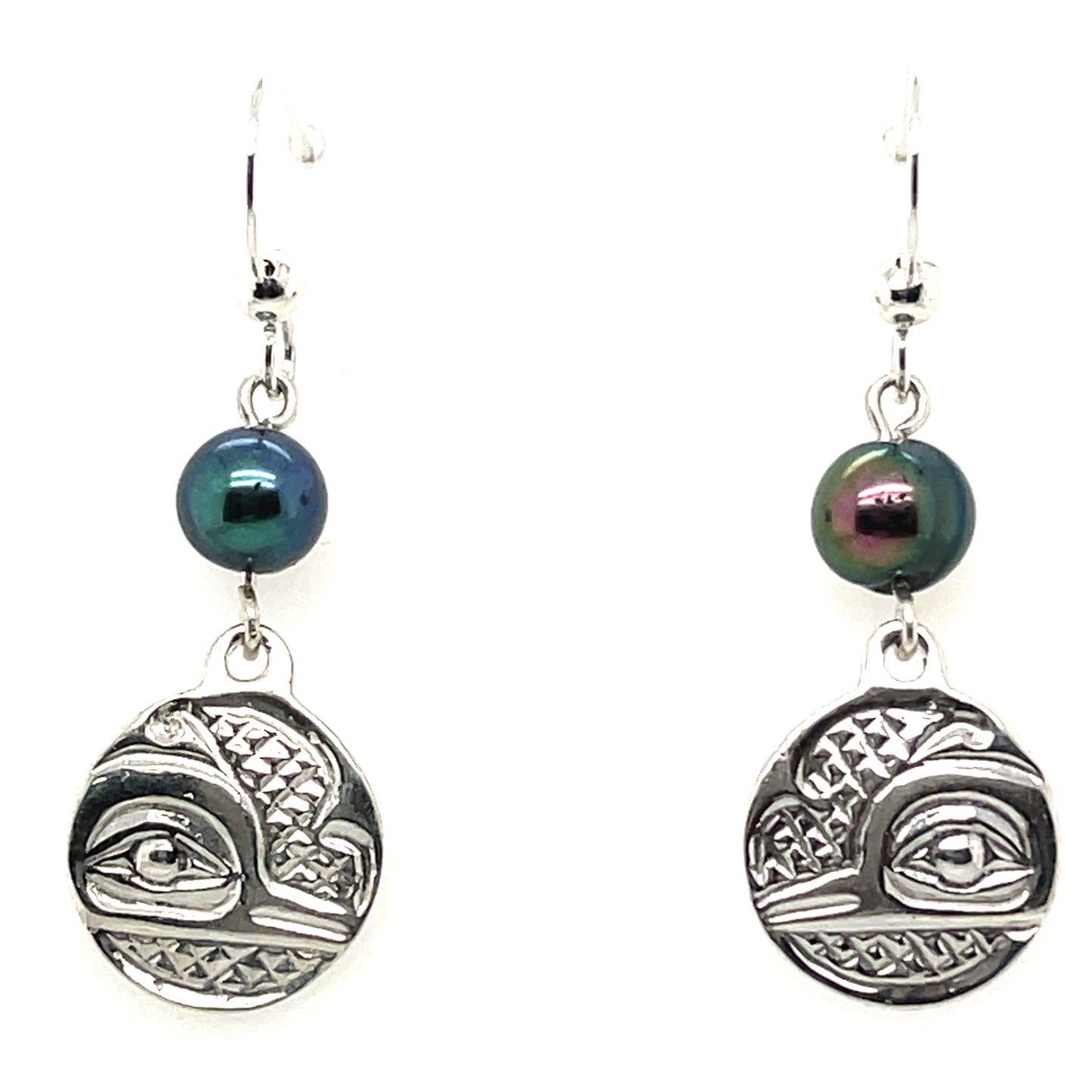 Earrings - Sterling Silver - Cast - Drop - Small - Round - Hummingbird - Dyed Pearl