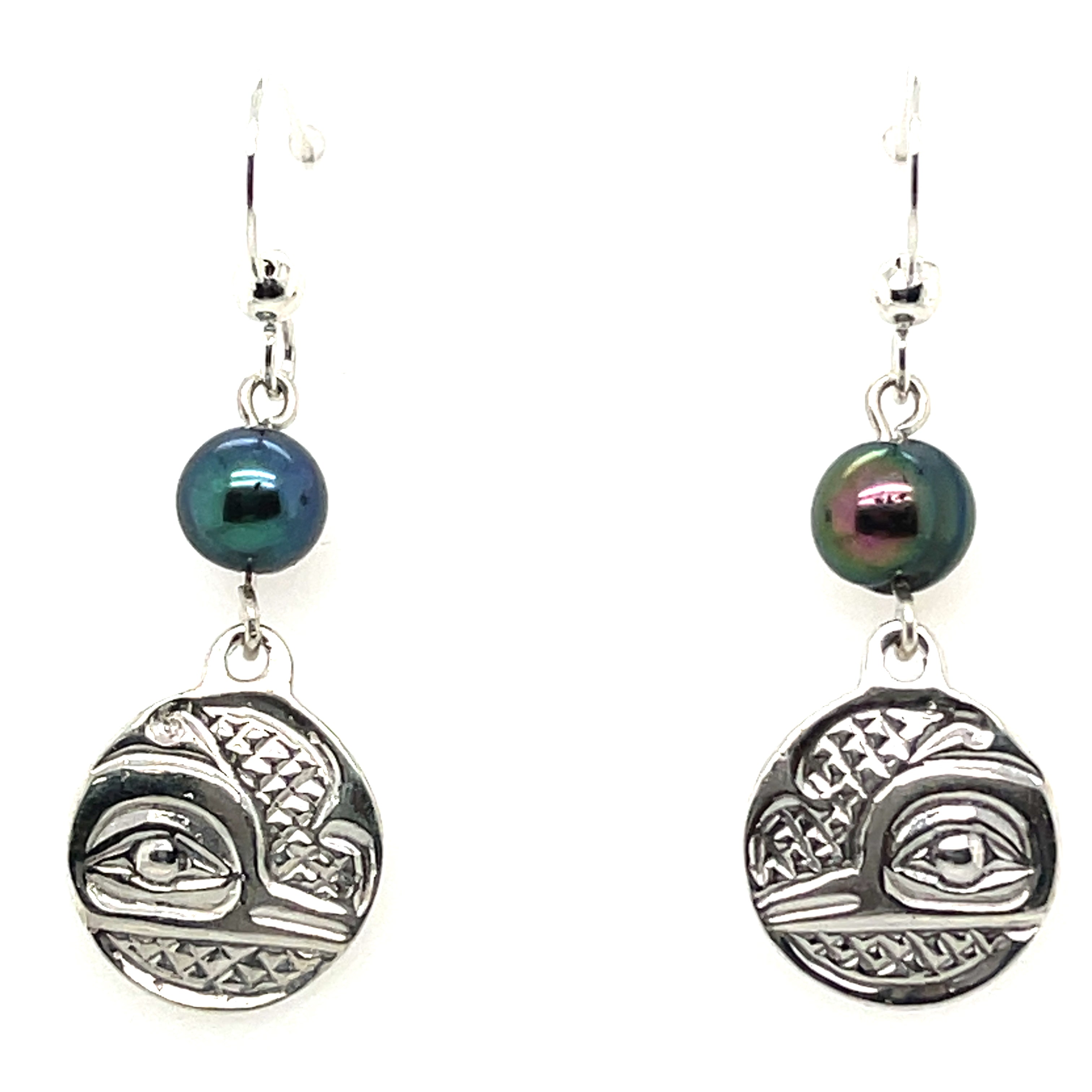 Earrings - Sterling Silver - Drop - Small - Round - Hummingbird - Dyed Pearl