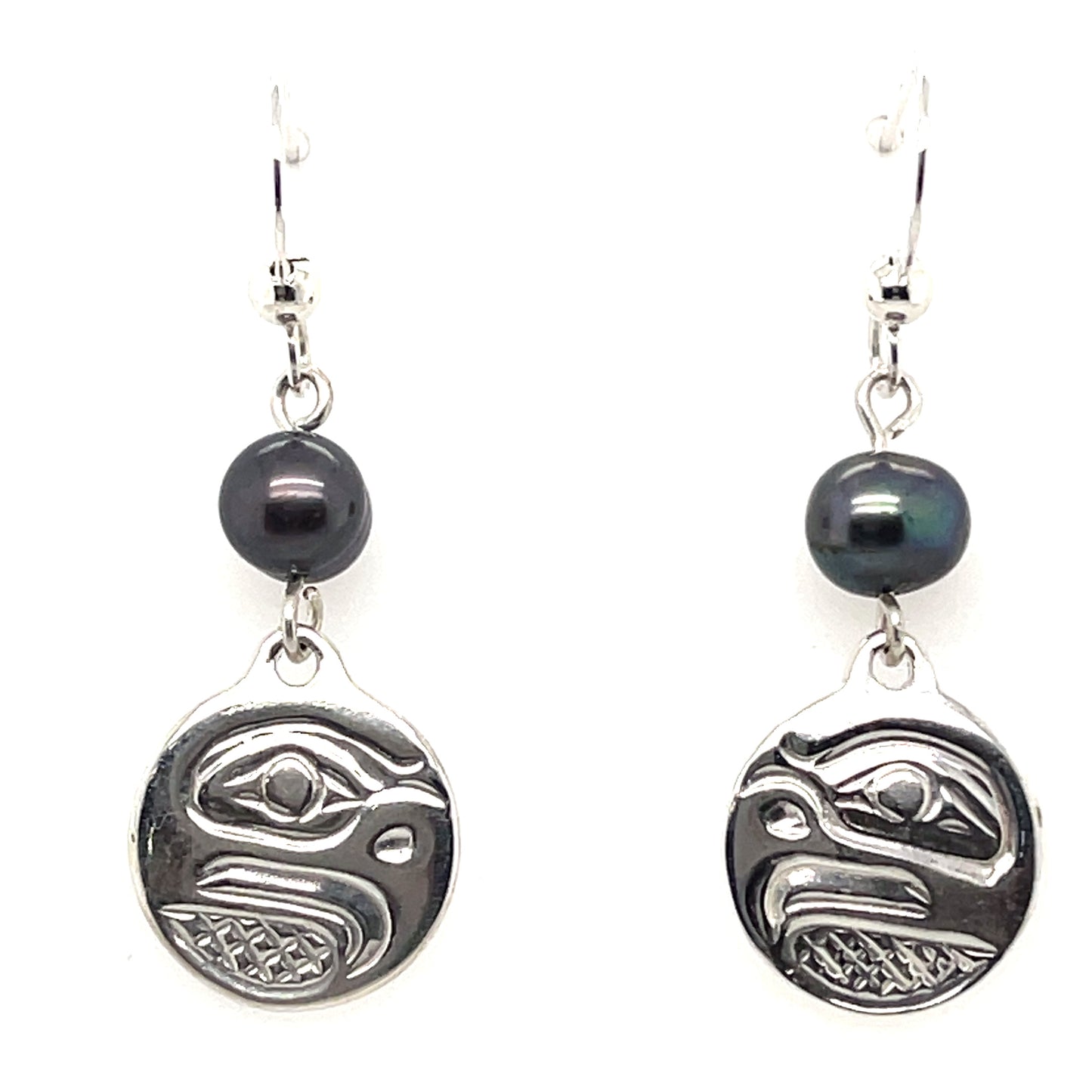 Earrings - Sterling Silver - Cast - Drop - Small - Round - Eagle - Dyed Pearl