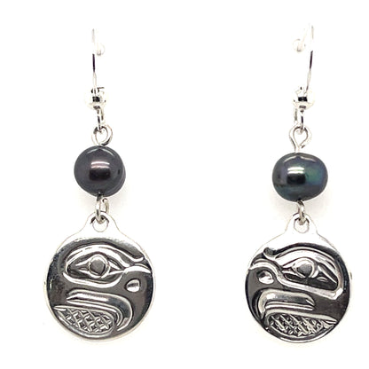 Earrings - Sterling Silver - Cast - Drop - Small - Round - Eagle - Dyed Pearl