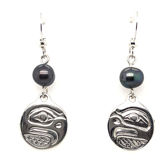 Earrings - Sterling Silver - Cast - Drop - Small - Round - Eagle - Dyed Pearl