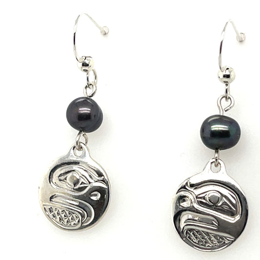 Earrings - Sterling Silver - Cast - Drop - Small - Round - Eagle - Dyed Pearl