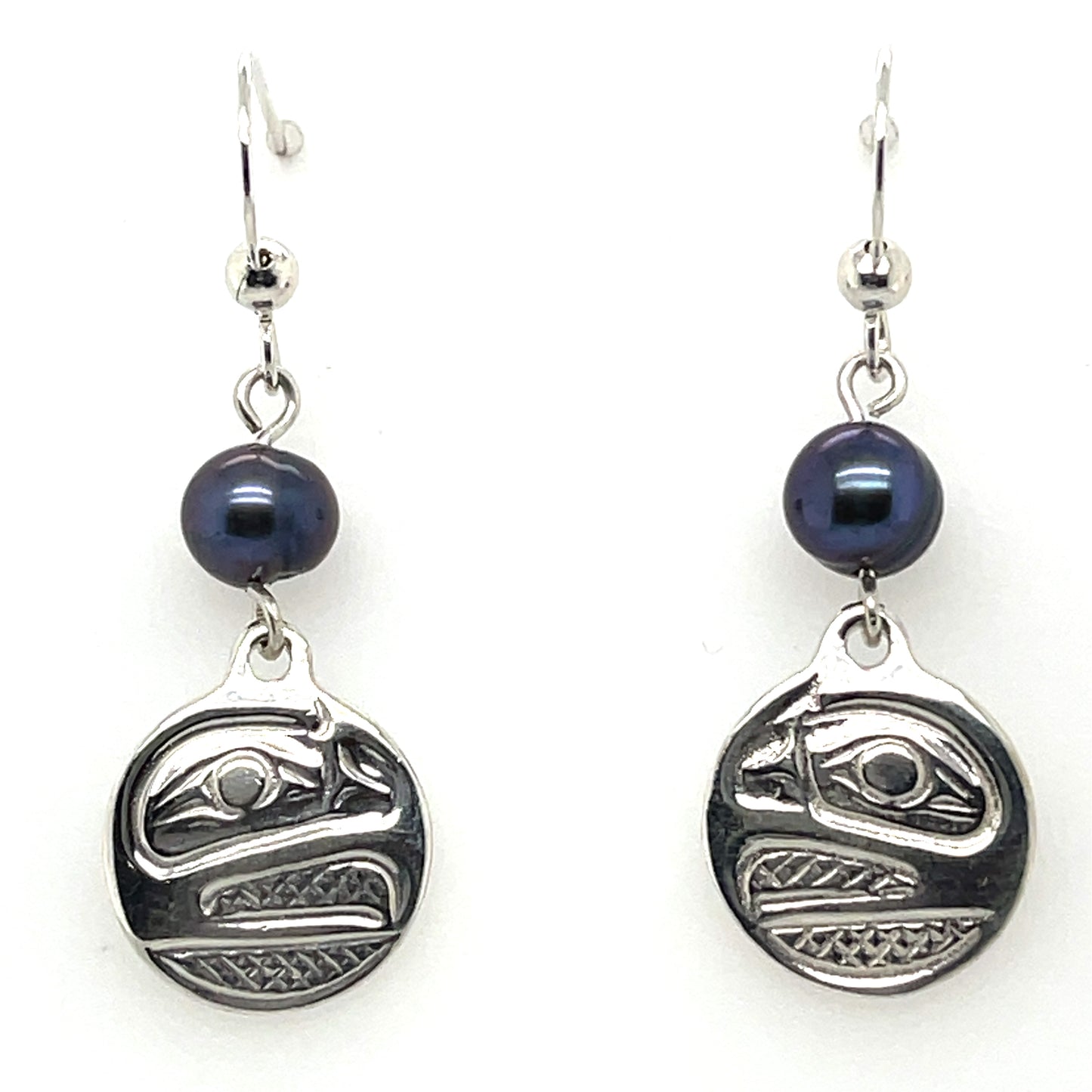 Earrings - Sterling Silver - Cast - Drop - Small - Round - Raven - Dyed Pearl