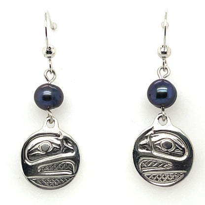 Earrings - Sterling Silver - Cast - Drop - Small - Round - Raven - Dyed Pearl