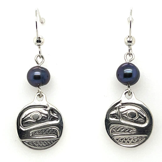 Earrings - Sterling Silver - Cast - Drop - Small - Round - Raven - Dyed Pearl