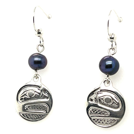 Earrings - Sterling Silver - Cast - Drop - Small - Round - Raven - Dyed Pearl