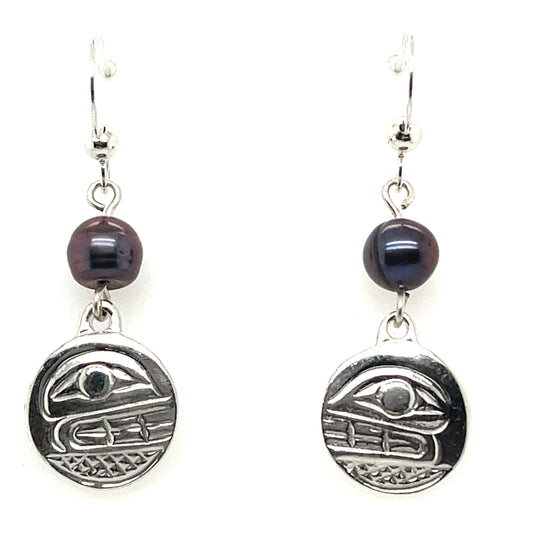 Earrings - Sterling Silver - Cast - Drop - Small - Round - Orca - Dyed Pearl