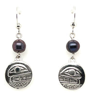 Earrings - Sterling Silver - Drop - Small - Round - Orca - Dyed Pearl