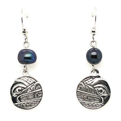 Earrings - Sterling Silver - Cast - Drop - Small - Round - Wolf - Dyed Pearl