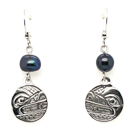 Earrings - Sterling Silver - Cast - Drop - Small - Round - Wolf - Dyed Pearl