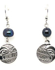Earrings - Sterling Silver - Drop - Small - Round - Wolf - Dyed Pearl