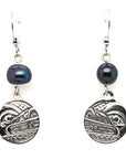 Earrings - Sterling Silver - Cast - Drop - Small - Round - Wolf - Dyed Pearl