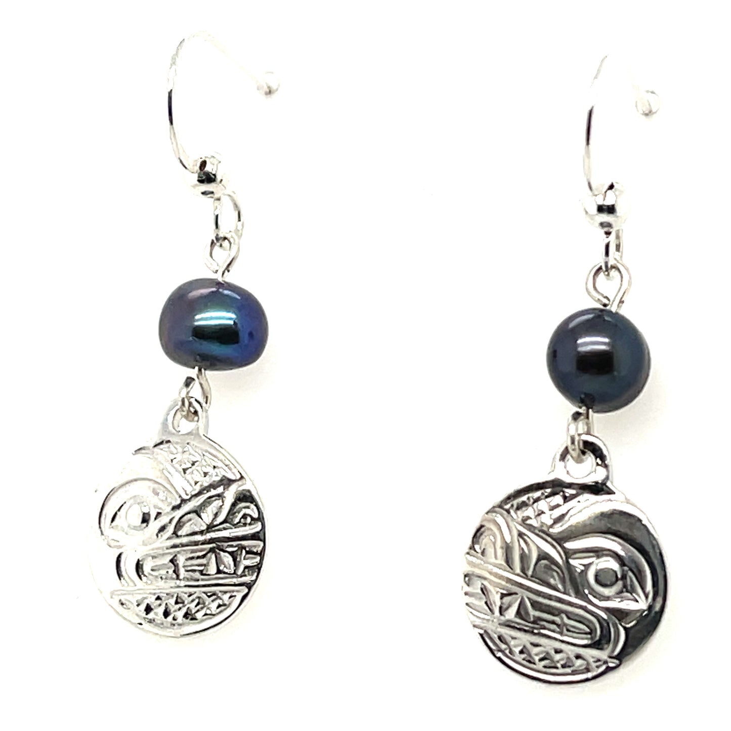 Earrings - Sterling Silver - Cast - Drop - Small - Round - Wolf - Dyed Pearl