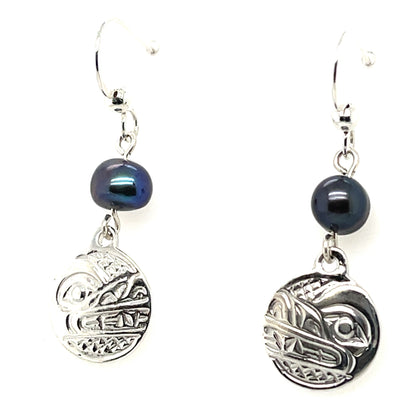 Earrings - Sterling Silver - Cast - Drop - Small - Round - Wolf - Dyed Pearl
