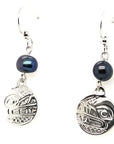 Earrings - Sterling Silver - Cast - Drop - Small - Round - Wolf - Dyed Pearl