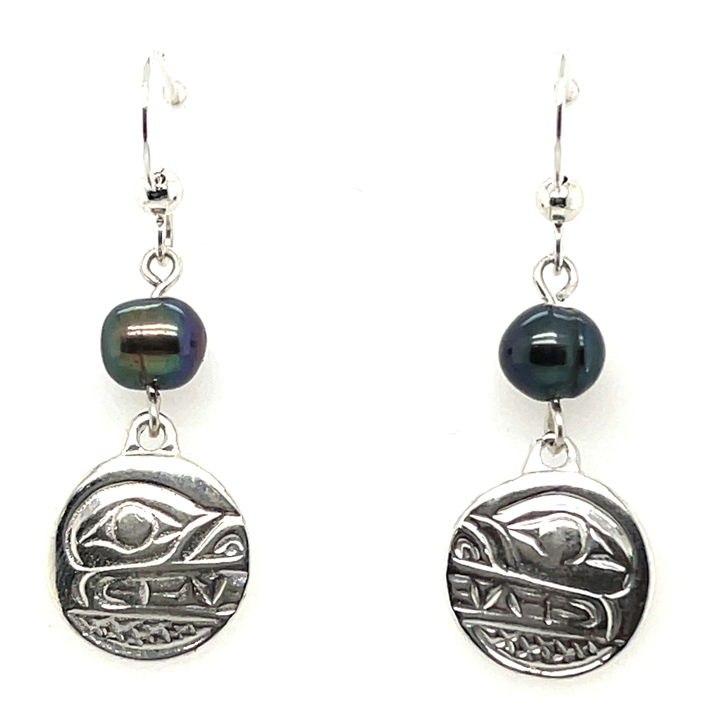 Earrings - Sterling Silver - Cast - Drop - Small - Round - Bear - Dyed Pearl