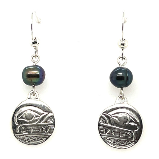 Earrings - Sterling Silver - Cast - Drop - Small - Round - Bear - Dyed Pearl