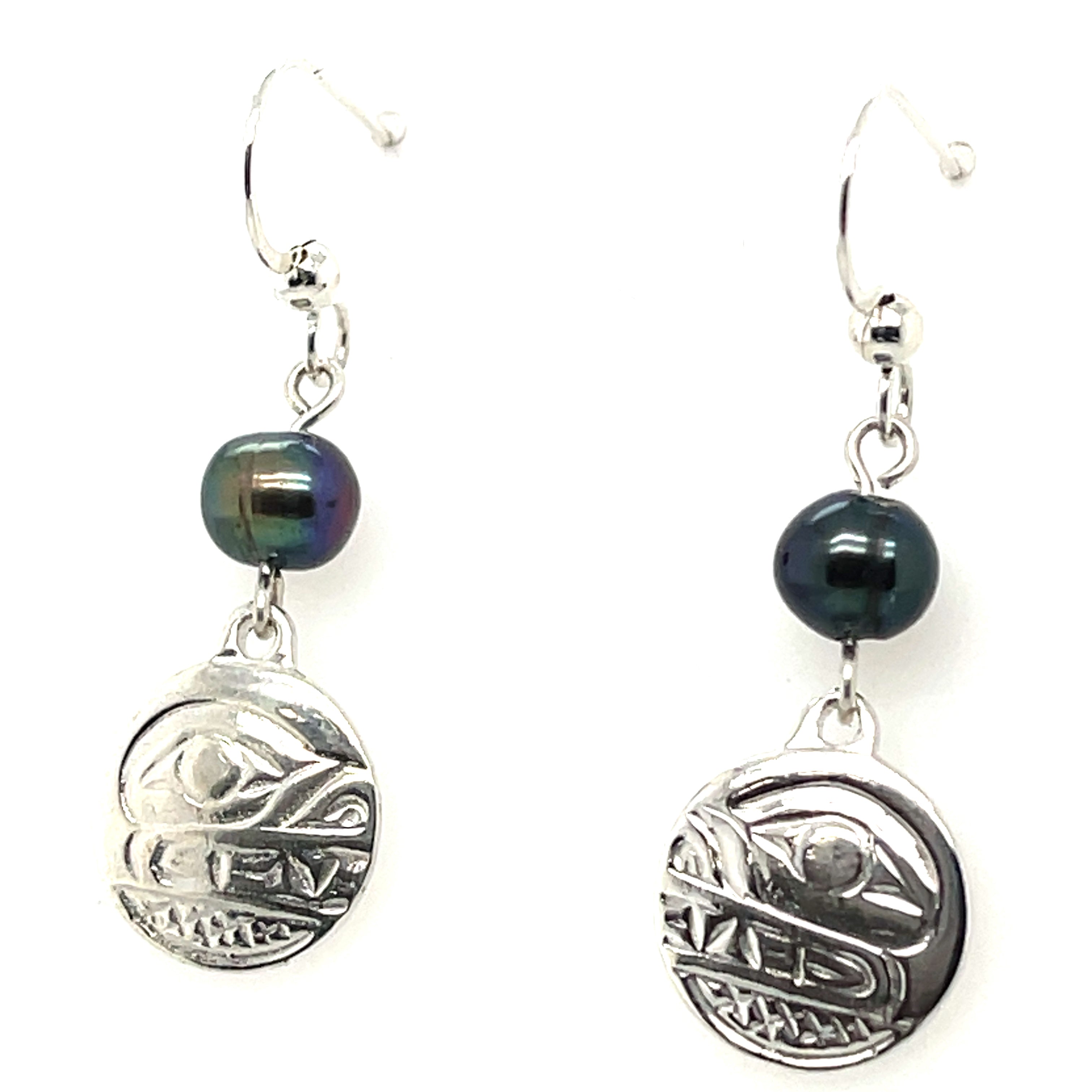 Earrings - Sterling Silver - Drop - Small - Round - Bear - Dyed Pearl