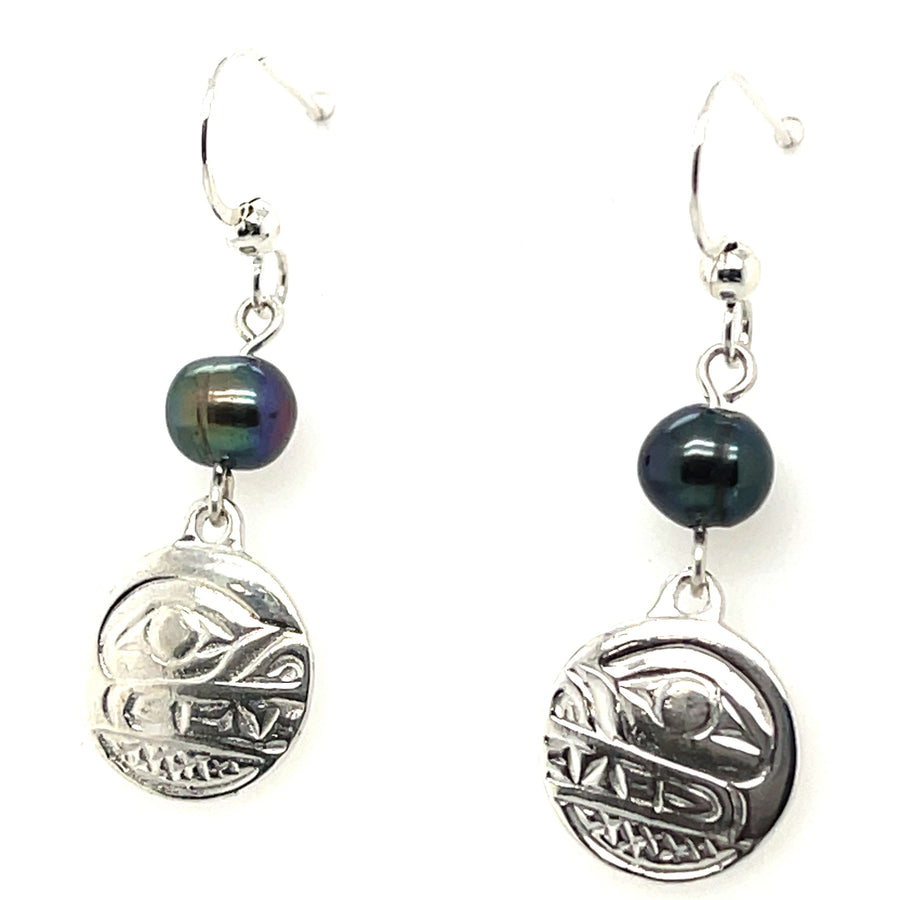 Earrings - Sterling Silver - Drop - Small - Round - Bear - Dyed Pearl