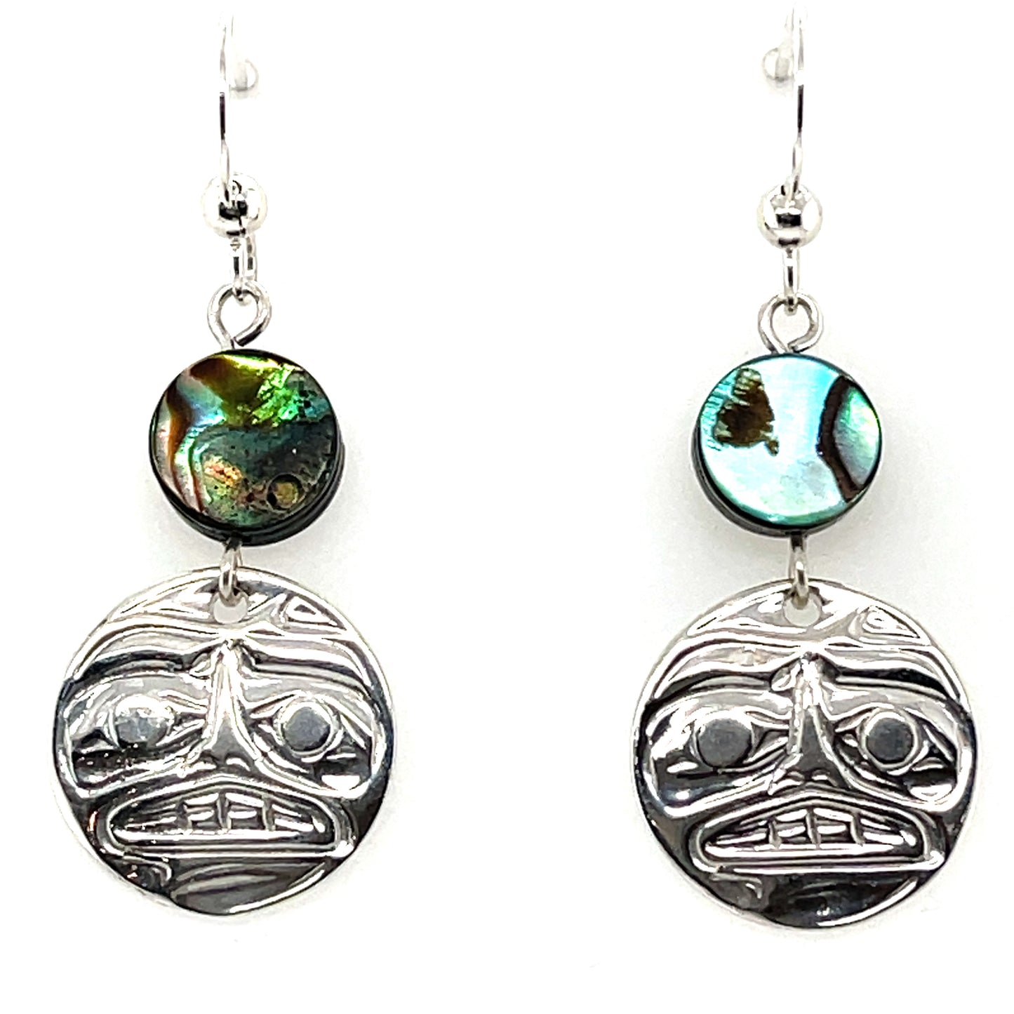 Earrings - Sterling Silver - Cast - Drop - Round - Moon - Abalone