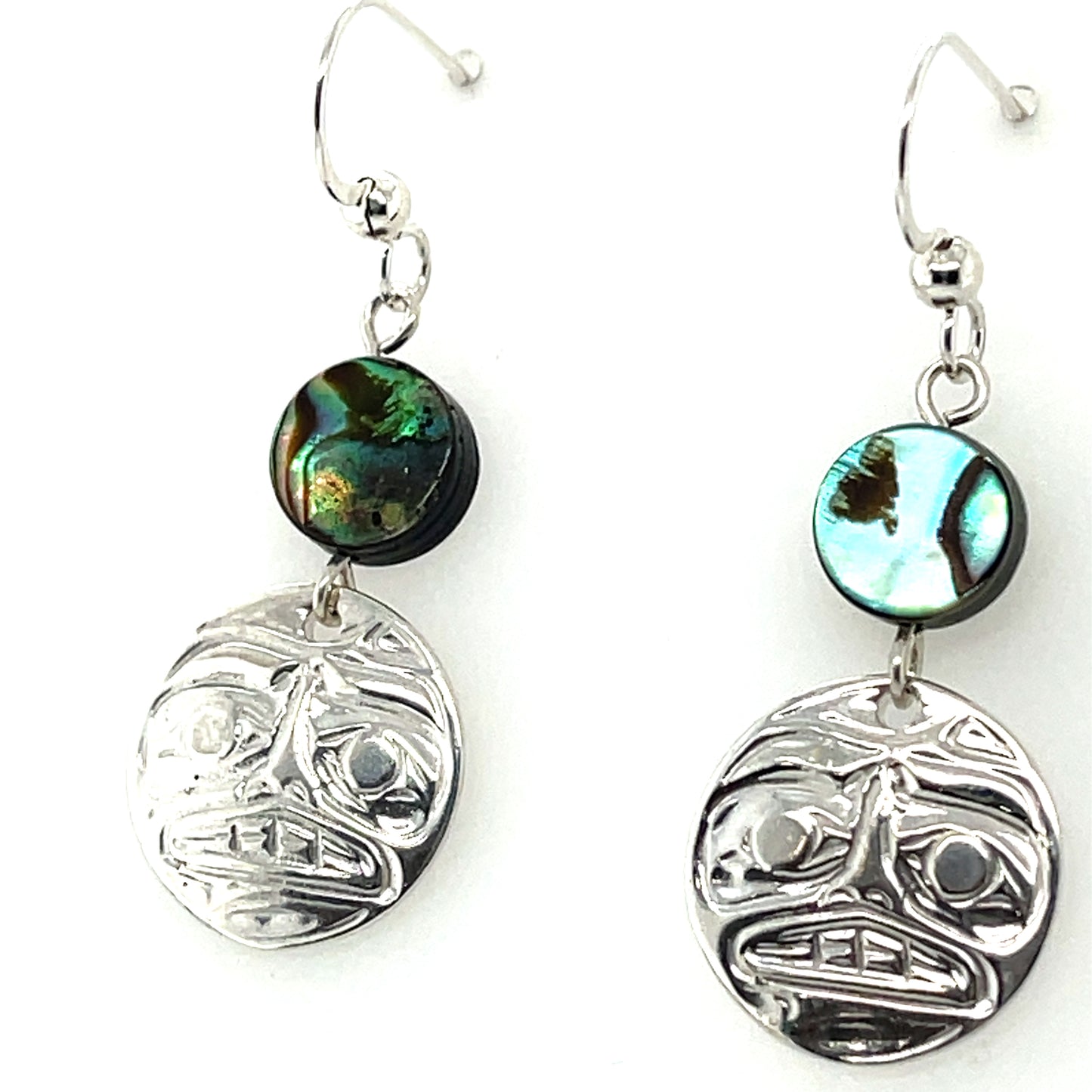 Earrings - Sterling Silver - Cast - Drop - Round - Moon - Abalone