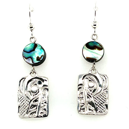 Earrings - Sterling Silver - Cast - Drop - Rectangle - Wolf - Abalone