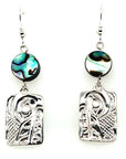 Earrings - Sterling Silver - Cast - Drop - Rectangle - Wolf - Abalone