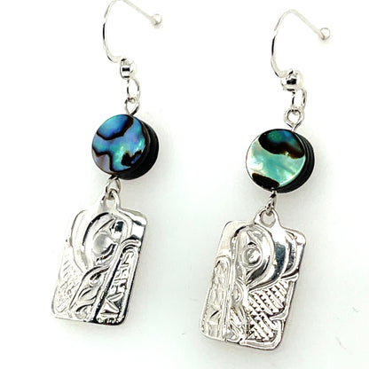 Earrings - Sterling Silver - Cast - Drop - Rectangle - Wolf - Abalone