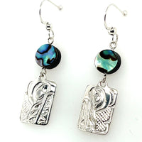 Earrings - Sterling Silver - Drop - Rectangle - Wolf - Abalone
