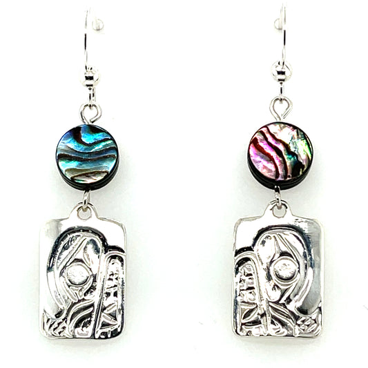 Earrings - Sterling Silver - Cast - Drop - Rectangle - Bear - Abalone