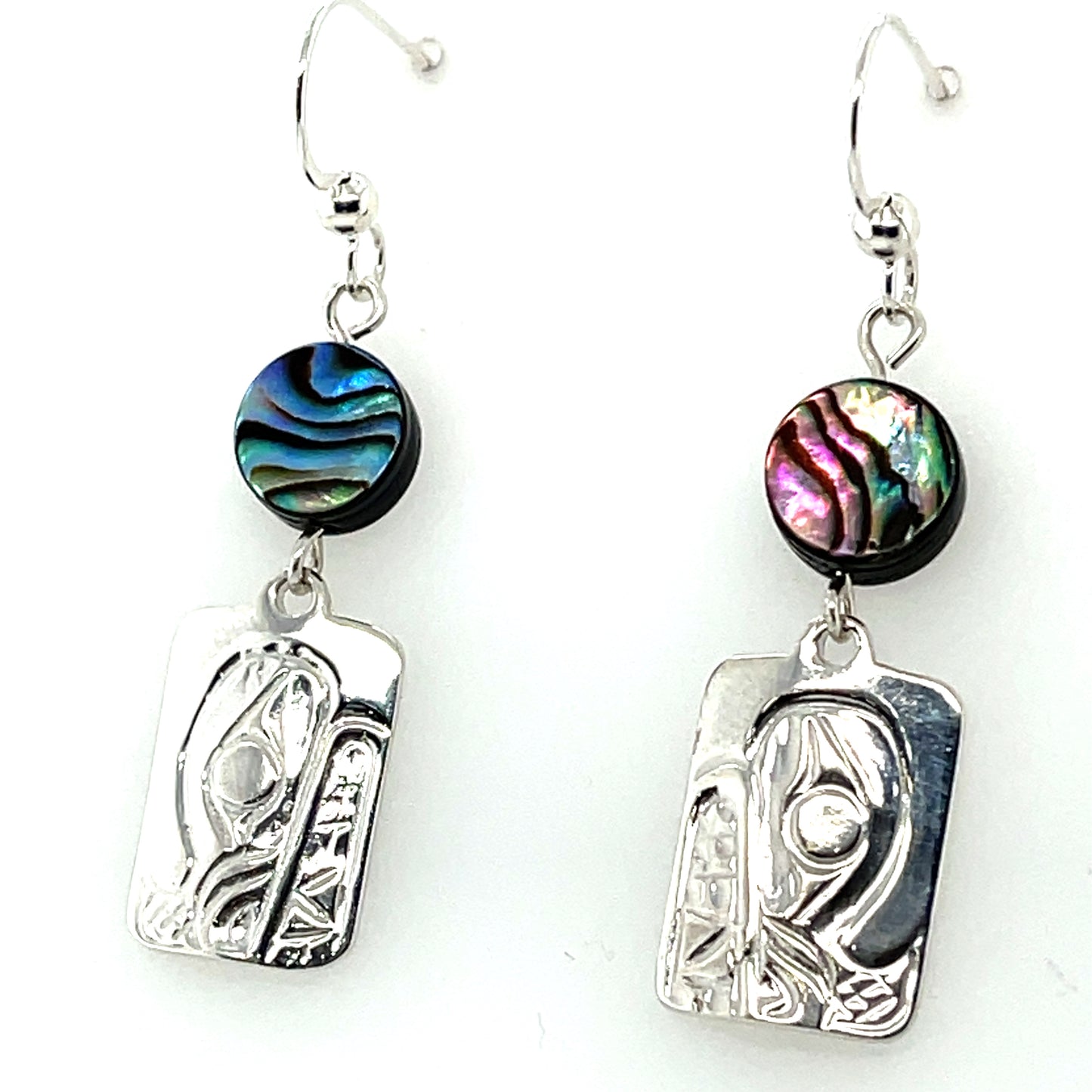 Earrings - Sterling Silver - Cast - Drop - Rectangle - Bear - Abalone