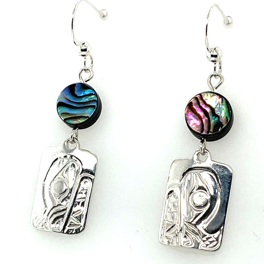 Earrings - Sterling Silver - Cast - Drop - Rectangle - Bear - Abalone