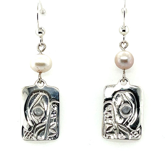 Earrings - Sterling Silver - Cast - Drop - Rectangle - Bear - Pearl