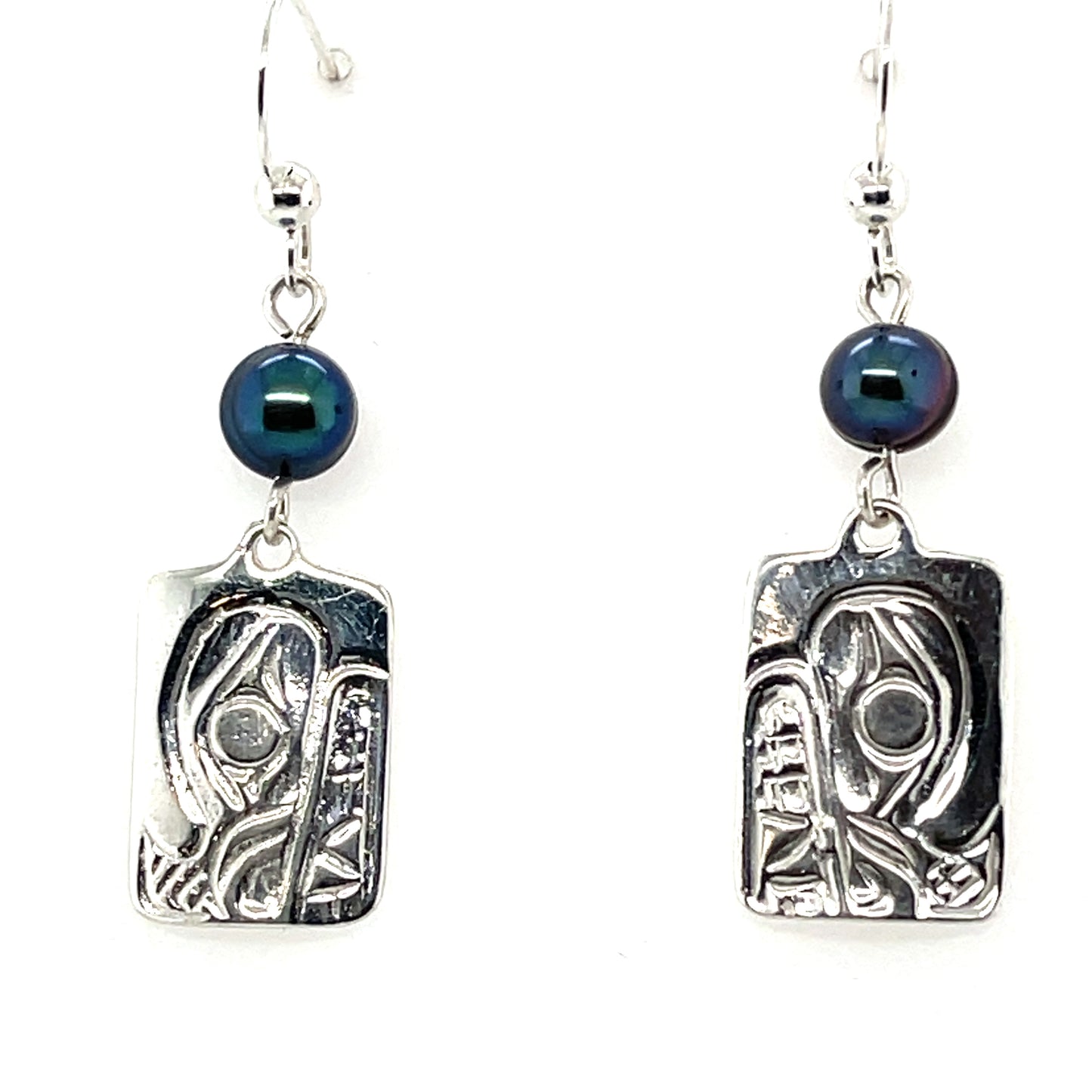 Earrings - Sterling Silver - Cast - Drop - Rectangle - Bear - Dyed Pearl