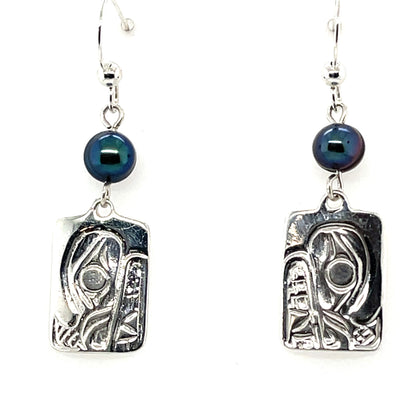 Earrings - Sterling Silver - Cast - Drop - Rectangle - Bear - Dyed Pearl