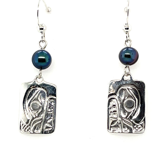 Earrings - Sterling Silver - Cast - Drop - Rectangle - Bear - Dyed Pearl