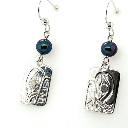 Earrings - Sterling Silver - Cast - Drop - Rectangle - Bear - Dyed Pearl
