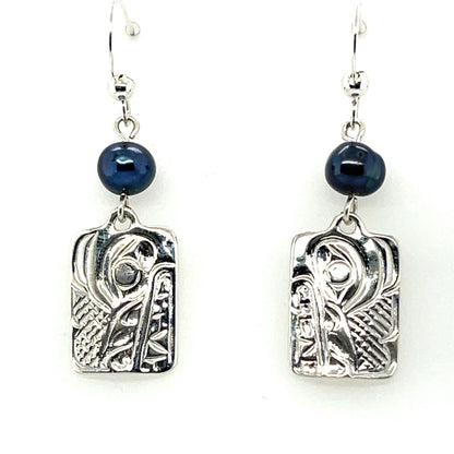 Earrings - Sterling Silver - Cast - Drop - Rectangle - Wolf - Dyed Pearl